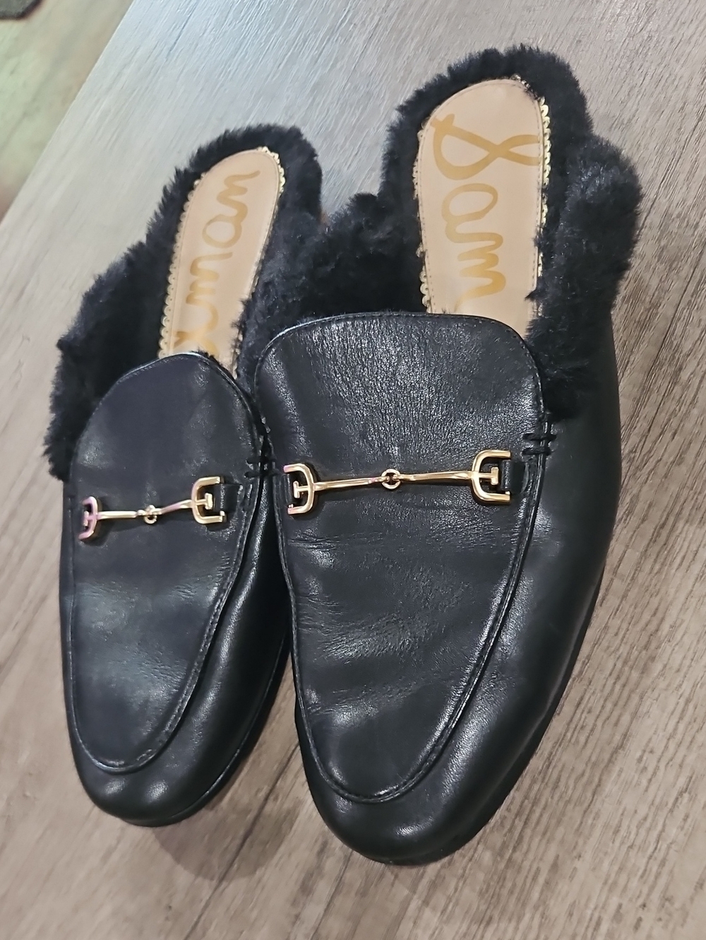 Sam Edelman Black Faux-Fur Lined Leather Slip-On Mules with Gold Bit size 8.5